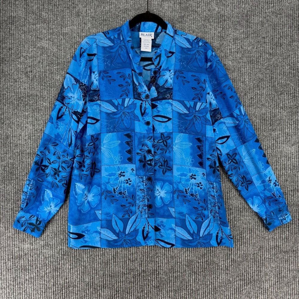 Vintage Blair women's patchwork blouse blue long sleeve button front size medium